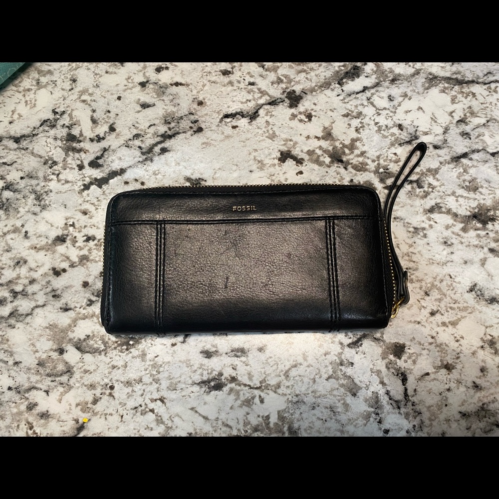Fossil zip clutch wallet black leather